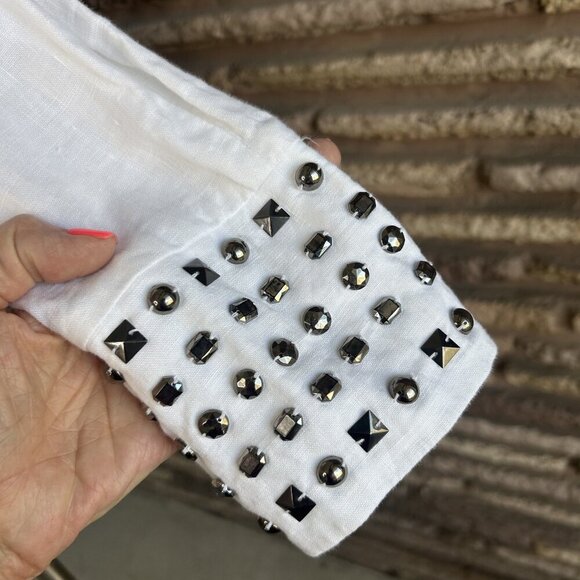 INC International Concepts White 100% Linen Studded Sleeve Waterfall Jacket - Picture 8 of 10